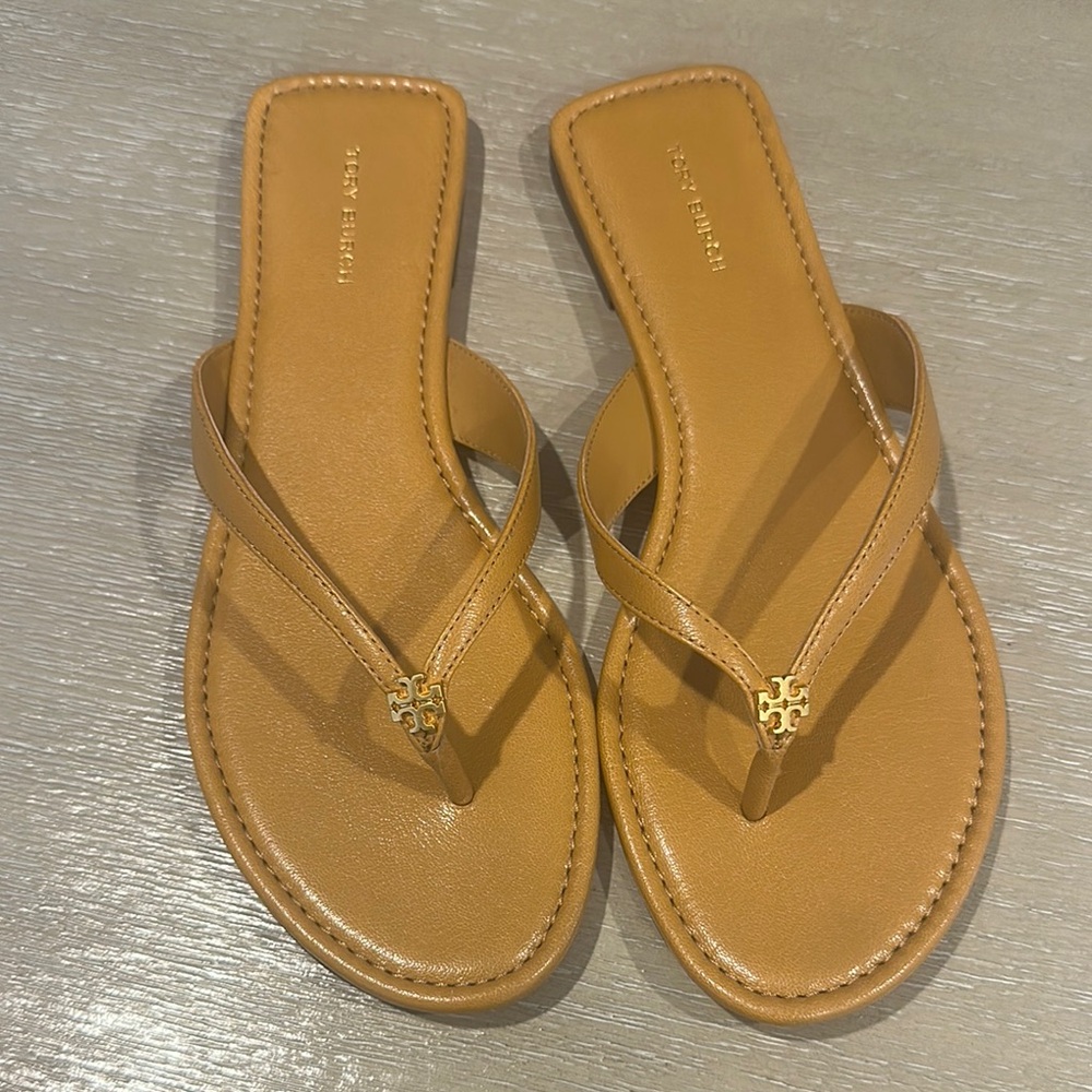 Tory Burch Tan Sandals with Gold Logo - worn one time!